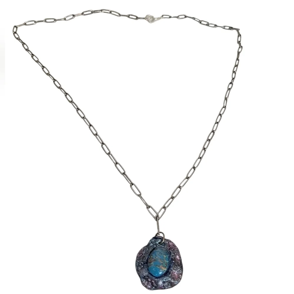Glossy Blue Pink Air Dry Clay Blue Pendant Paper Clip Stainless Chain Necklace